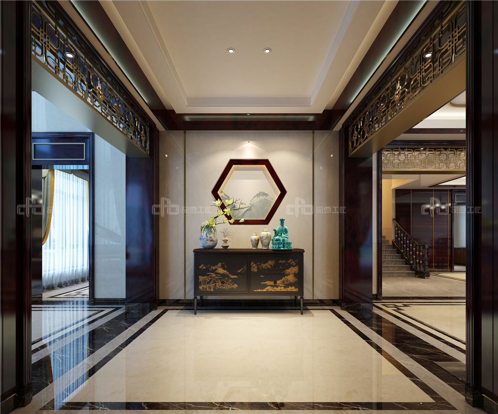 整木定制新中式裝修風格 別墅高清效果圖(圖2) 整木定制玄關